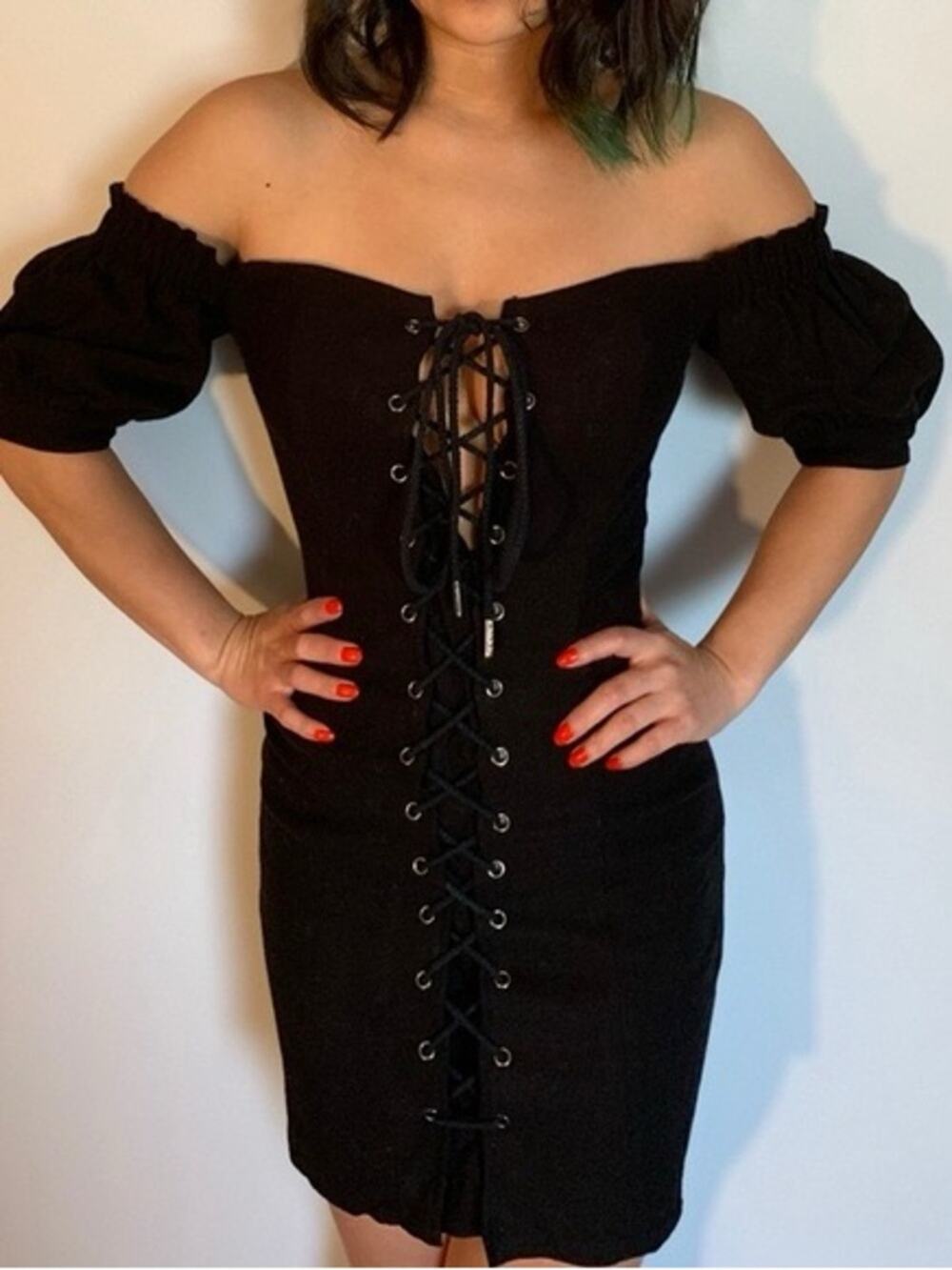 Stone Cold Fox Revolve $285 Black Pamela Lace Up Linen Corset Dress sz 1 XS EUC